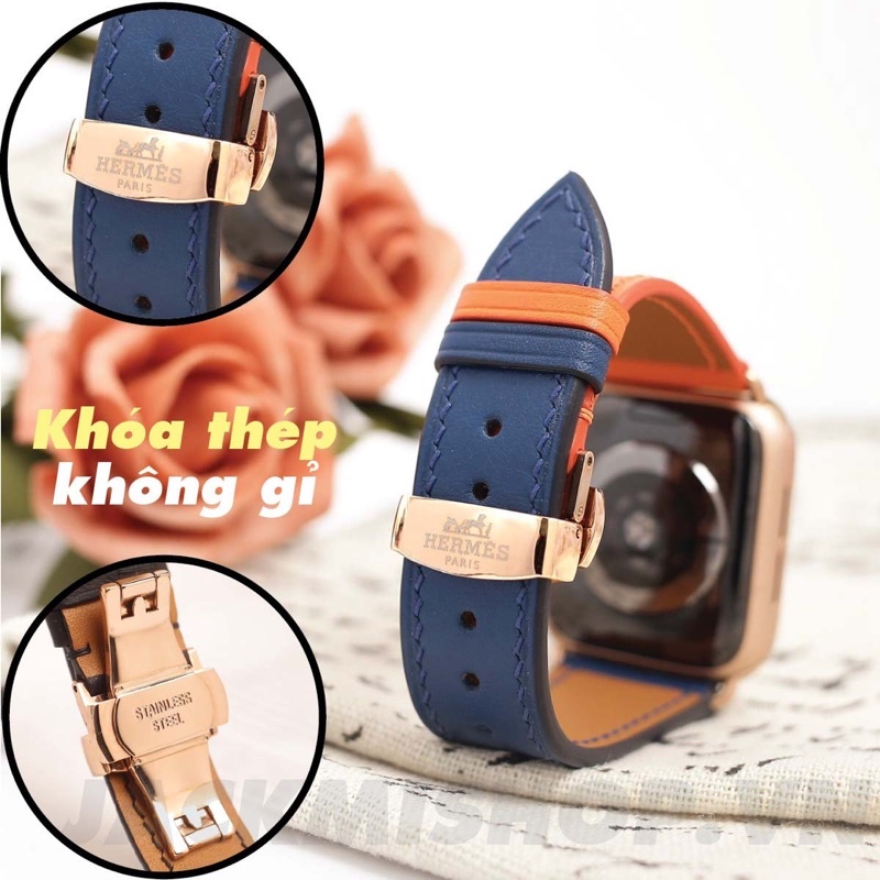 [BẢO HÀNH 1 NĂM] Dây Da BÊ SWIFT may tay thủ công màu Cam/Xanh Navy khóa Bướm cho Apple Watch series 1/2/3/4/5/6/7