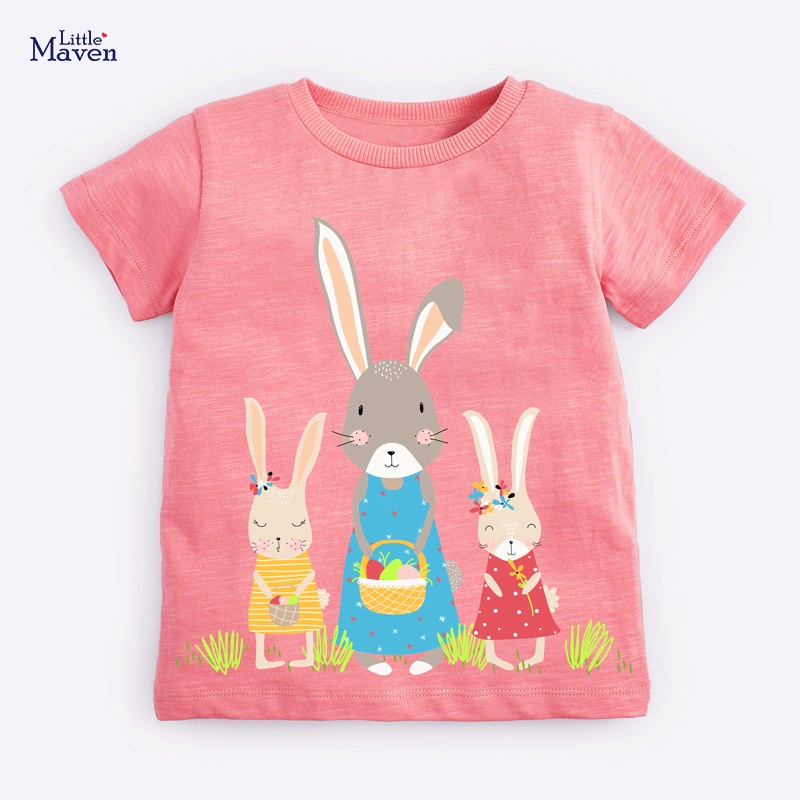 Áo thun bé gái cộc tay in hình thỏ ngộ nghĩnh Little Maven, có size cho bé 2T-7T thoáng khí, thấm mồ hôi