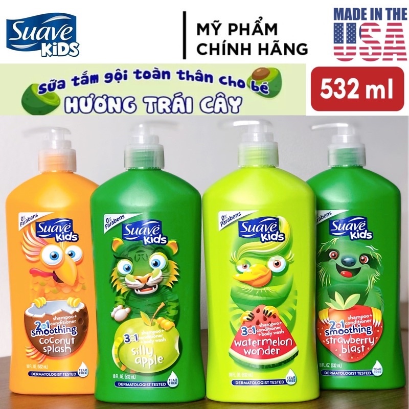 Sữa tắm gội toàn thân 3in1 cho Bé Suave Kids chai vòi 532ml Táo, Dưa hấu, Dâu, Dừa không cay mắt - Mỹ