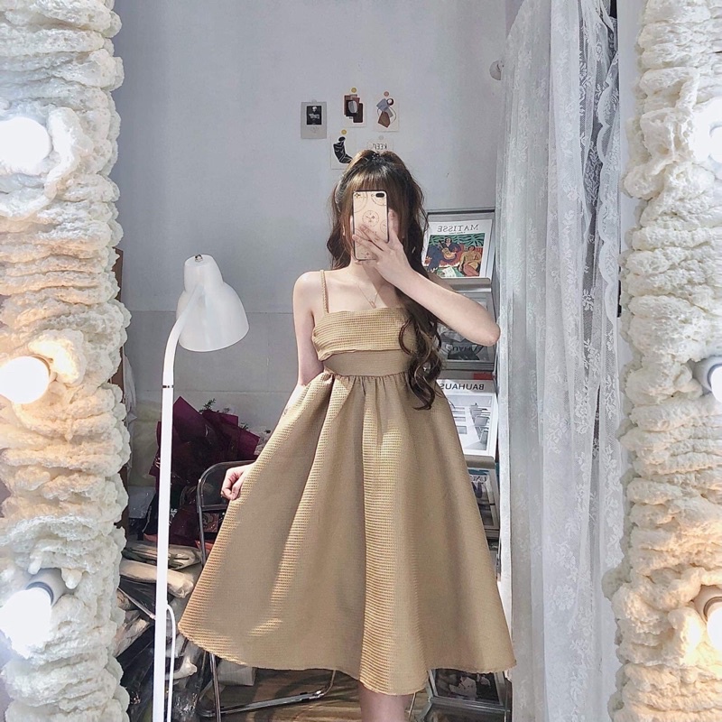 Đầm babydoll 2s nơ lưng to , đầm 2 dây nơ vãi xốp