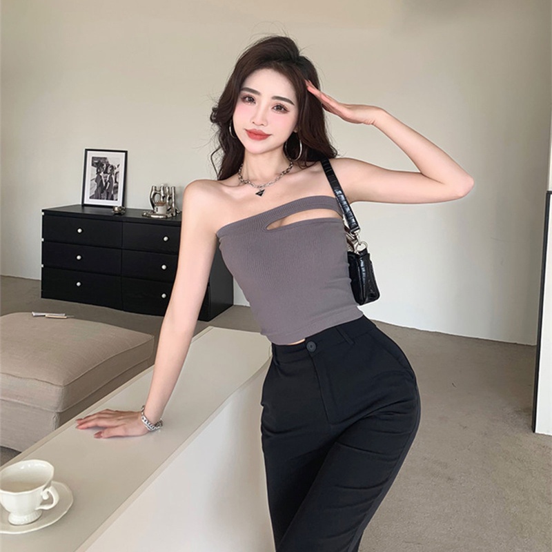 Áo Lửng Dệt Kim Cổ Yếm Chữ V Lệch Vai Có Miếng Đệm Ngực Cho Nữ