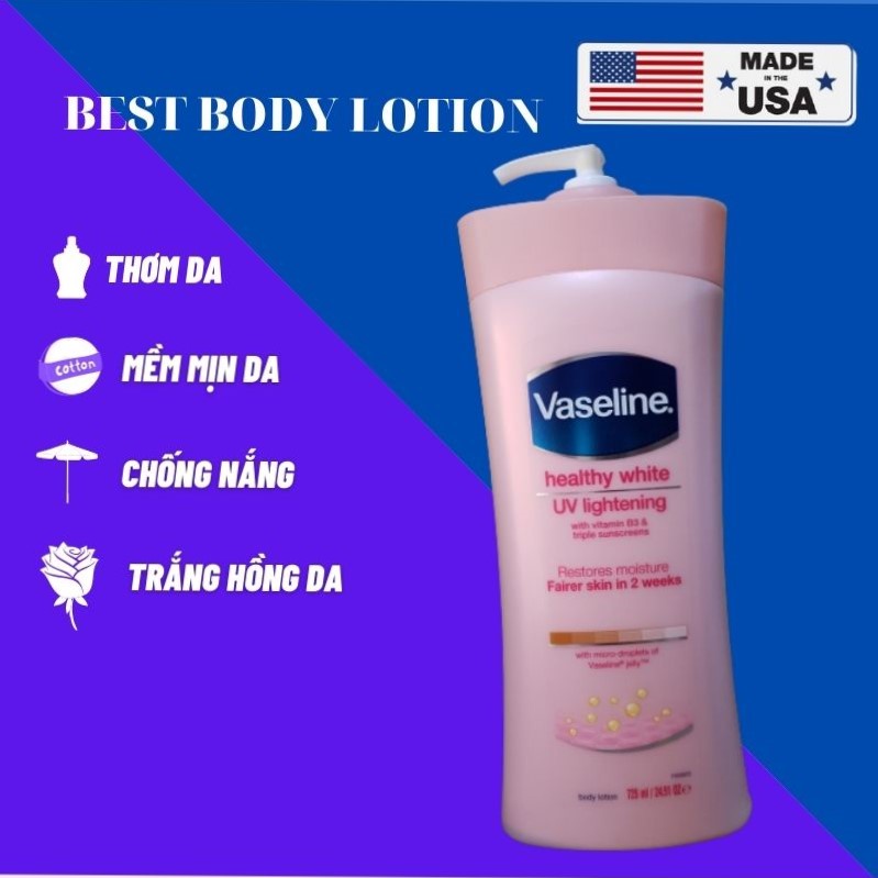 Sữa dưỡng thể Vaseline Healthy White UV Lightening Body Lotion 725ml Không Bết, Thơm, Trắng Da - Chị Vịt Shop