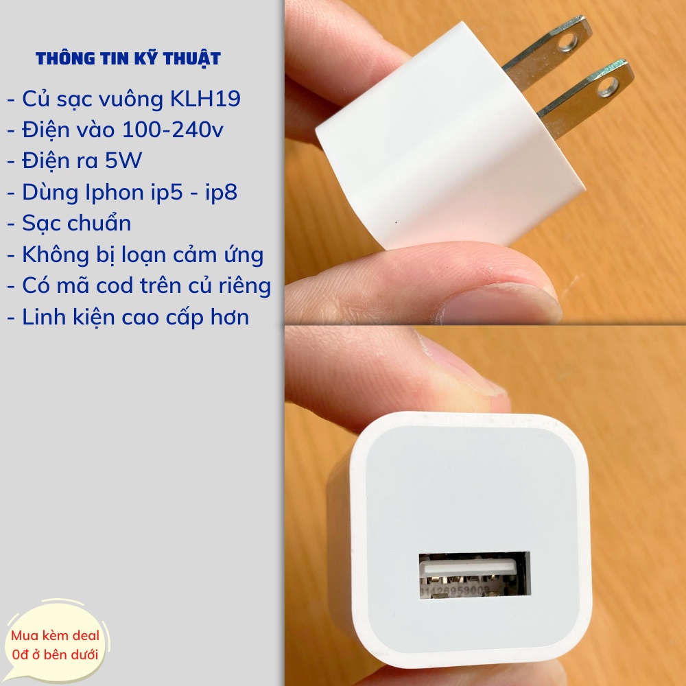 Cốc xạc cho iphon vuông 19H, củ sạc nhanh 5w dùng cho các loại cáp sạt điện thoai Light.ning cổng usb KLH