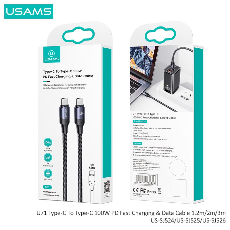 Usams Type C — Type C Dây Cáp Sạc Nhanh 100W 5A Cho 1Phone15 Android iPd Máy Tính Bảng