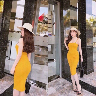 Đầm body thun gân 2 dây nút xẻ