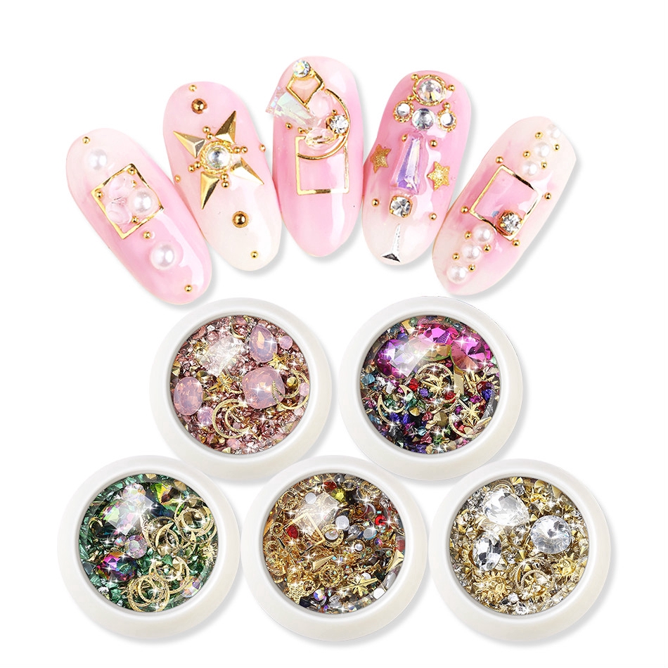 Hộp phụ kiện đá giả kim cương và vỏ sò 3D lưng phẳng nhiều màu lấp lánh dùng cho làm móng nghệ thuật