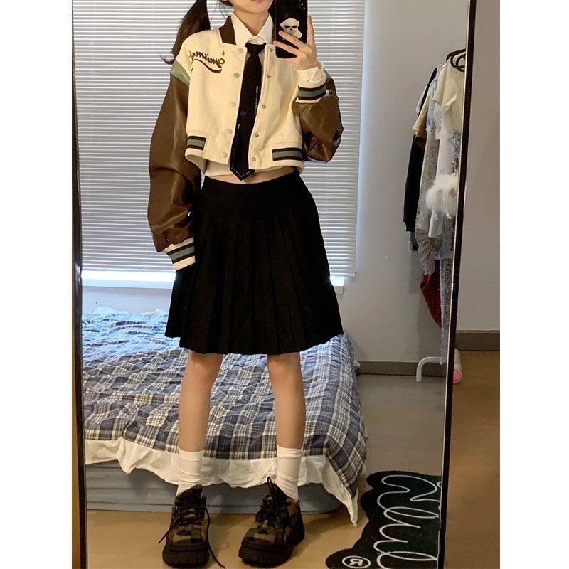 FREESHIP ÁO BOMBER CROTOP TAY DA NÂU 2 LỚP ULLAZANG