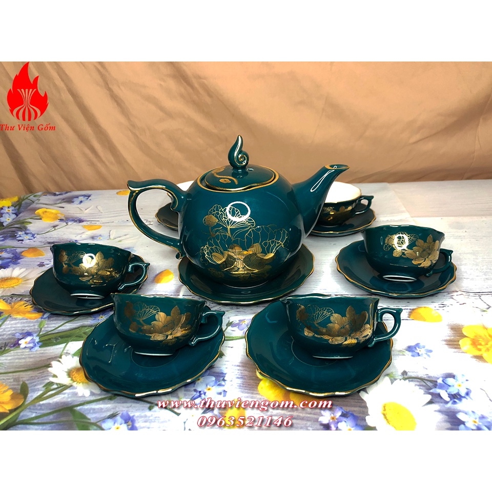 Bộ Ấm Chén Uống Trà Bộ Ấm Chén Bát Tràng Cao Cấp Sen Xanh Mallard