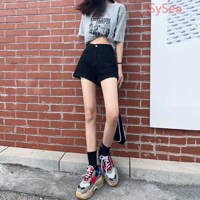 Quần Short Denim Màu Đen Lưng Cao Đơn Giản Thời Trang Mùa Hè Cho Nữ