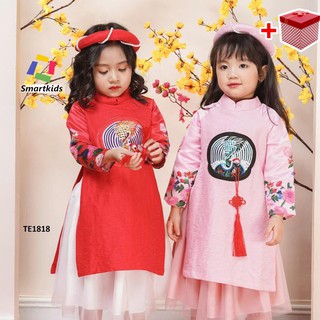 Áo dài cho bé gái, Áo dài cách tân khổng tước màu đỏ kèm chân váy trắng xoè Smartkids TE1818