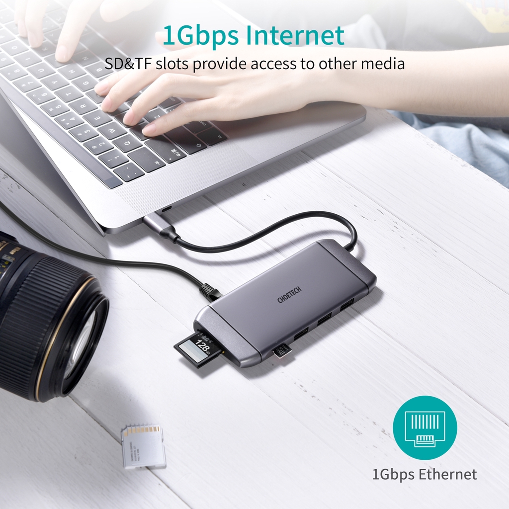 Bộ Chia CHOETECH Cổng USB C 9 Trong 1 Với 4k Hdmi/PD 100w/Usb 3.0/Rj45 Ethernet/60hz Vga/Tf Cho Macbook Pro/Air/Imac