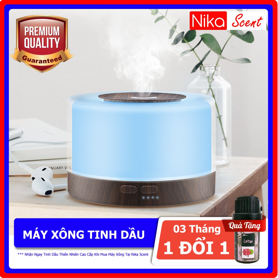 Nikascent Máy xông tinh dầu Đế Vân Gỗ khuếch tán mạnh, phun sương mịn, thơm phòng, khử mùi, cấp ẩm