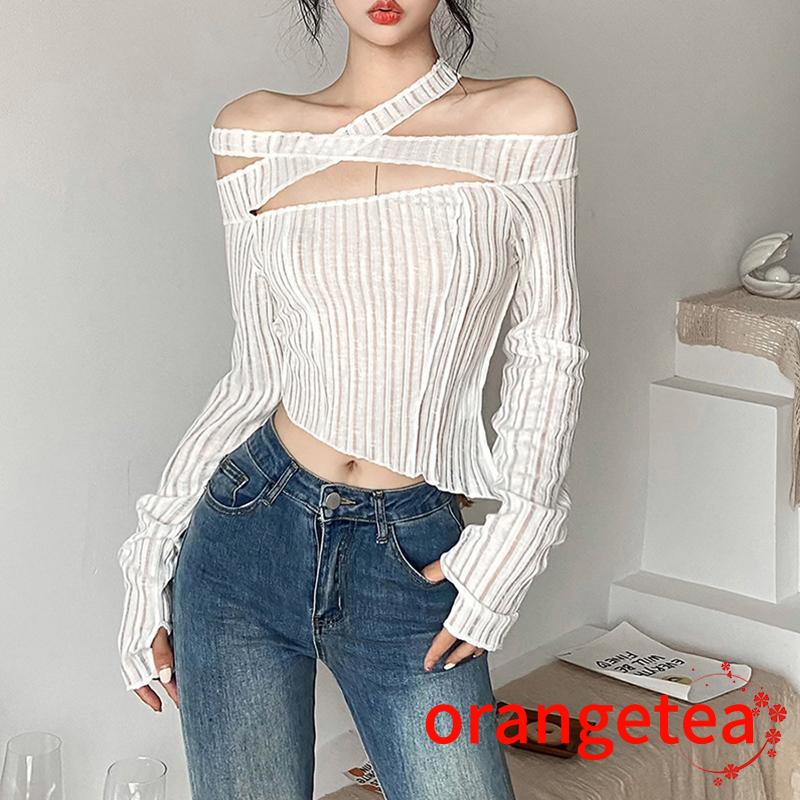 Áo Croptop Trễ Vai Tay Dài Họa Tiết Kẻ Sọc Dọc Màu Sắc Ngọt Ngào Thời Trang Cho Nữ 8