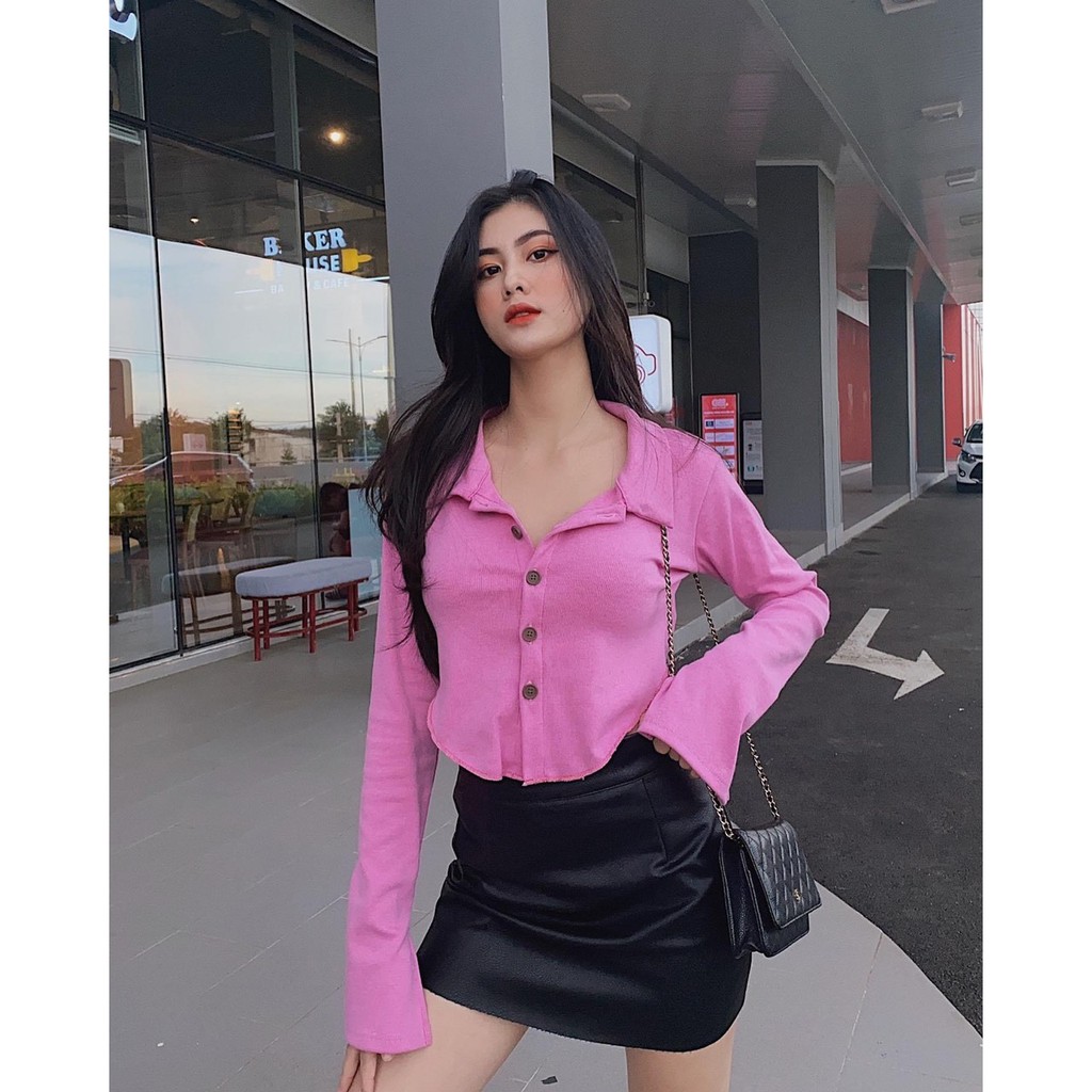 Áo croptop nữ polo nút tay dài trơn chất liệu thun gân co giãn I Hhvintage