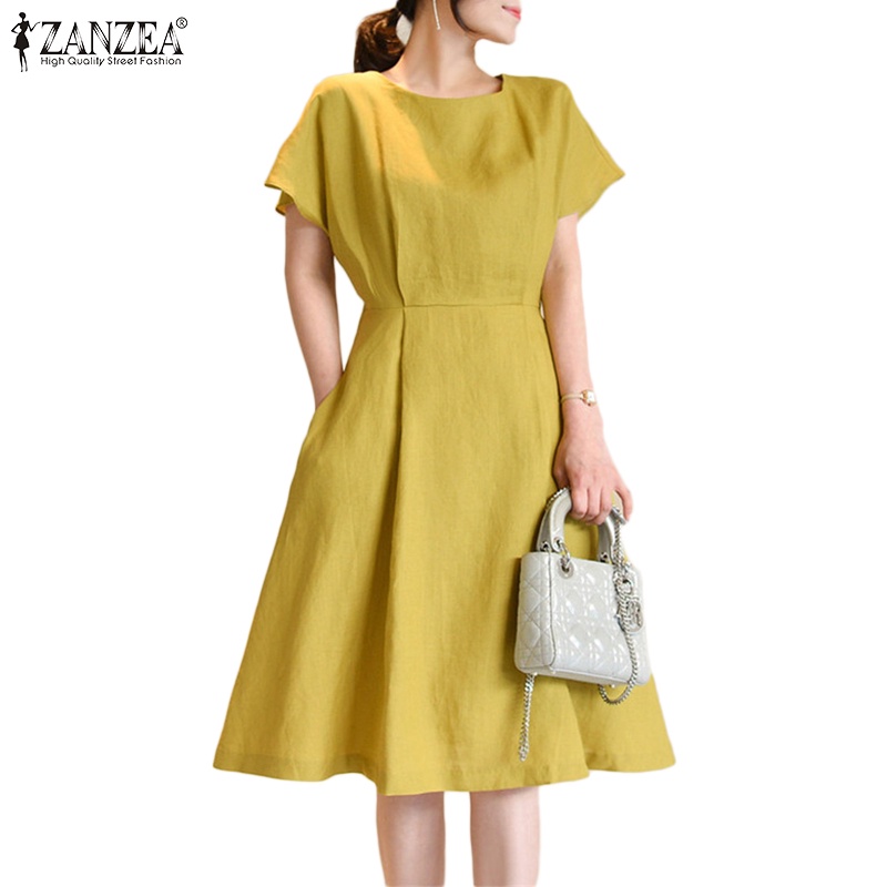 Đầm midi Zanzea cotton ngắn tay cổ tròn xếp ly eo cao phong cách Hàn Quốc thời trang cho nữ có túi bên hông