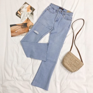 Jeans loe cạp cao rách đùi gấu cắt Sneak peek💖 Quần jean nữ lưng cao ống loe J427