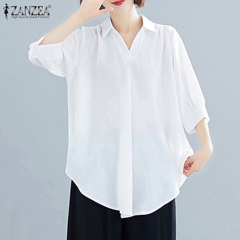 Áo sơ mi Zanzea tay lỡ cổ bẻ dáng rộng màu trơn phong cách Hàn Quốc đơn giản dành cho nữ