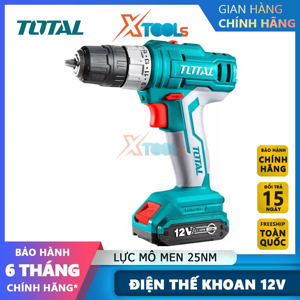 Máy khoan vặn vít dùng pin Total TDLI1221 máy khoan cầm tay 12V tốc độ không tải 0-600/min [CHÍNH HÃNG][XTOOLS]