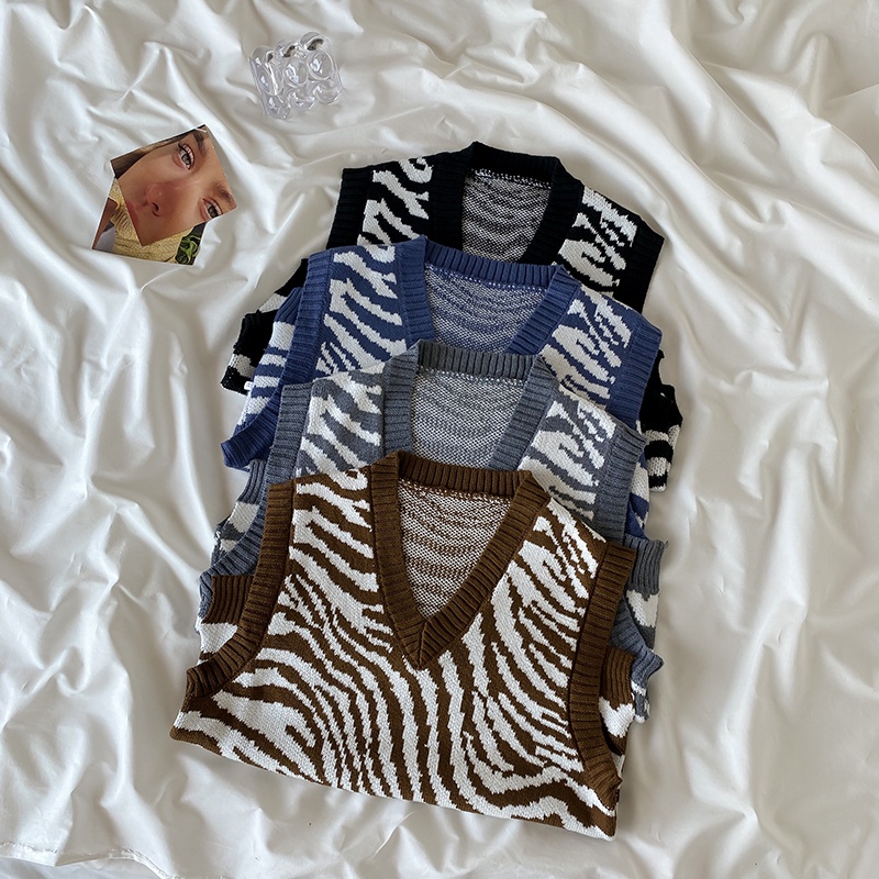 Áo dệt kim sát nách dáng rộng họa tiết ngựa vằn thời trang mùa thu