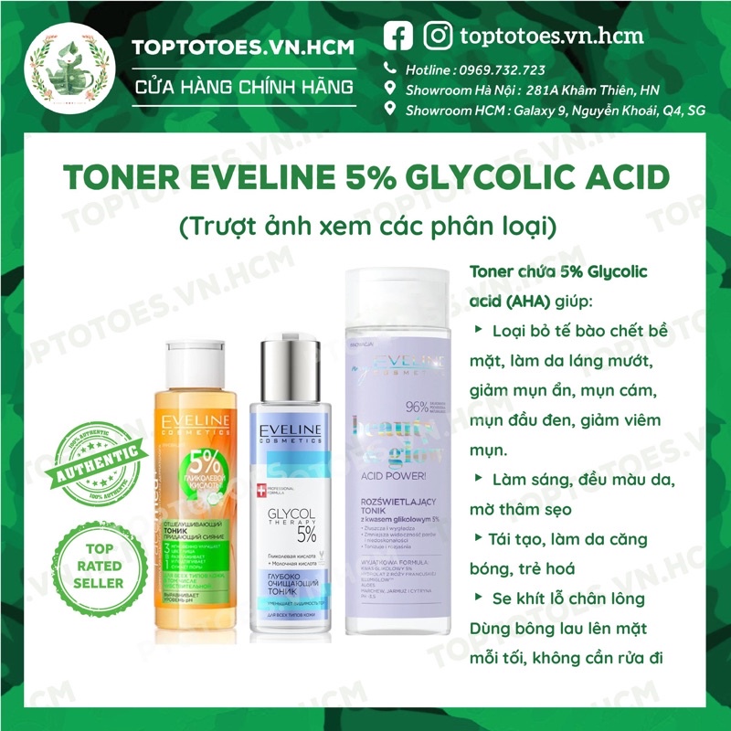 Toner Eveline 5% Glycolic acid làm da căng bóng, sáng mịn, mờ thâm sạm