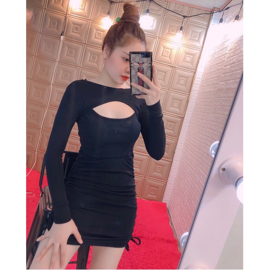 Siêu phẩm đầm cut out ngực tay dài rút dây 2 bên xinh sexy