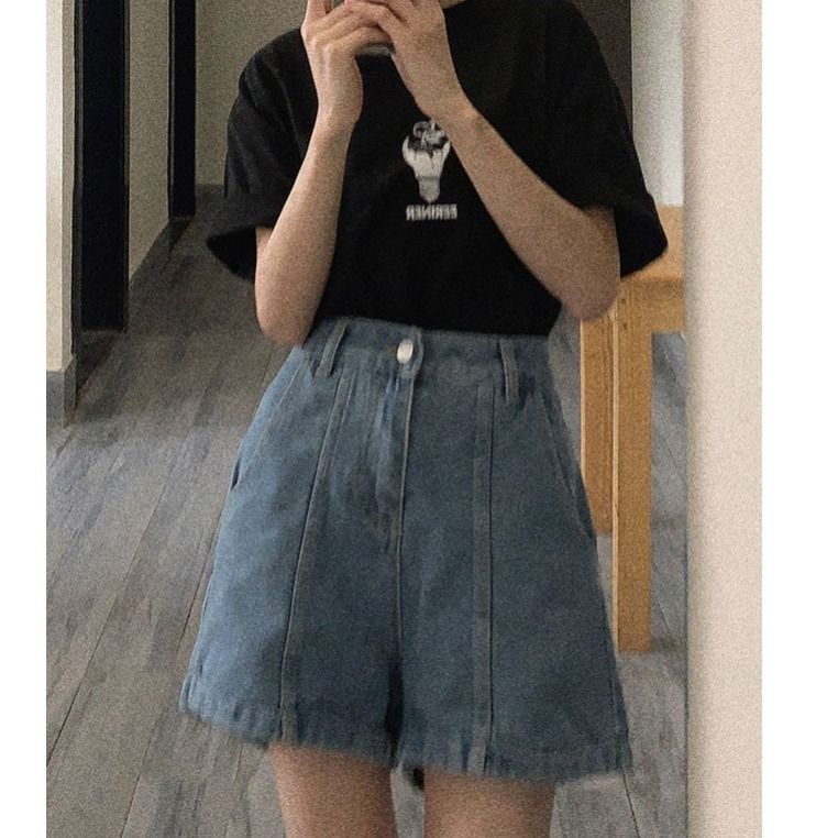 COZOK Quần Short Denim Ống Rộng Lưng Cao Phong Cách Hàn Quốc