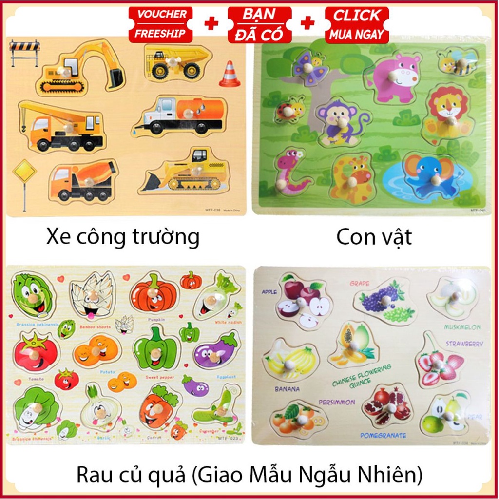 Đồ Chơi Bảng Núm Gỗ Xếp Hình Học Tập Cho Bé - Loại 20X30 Cm Nhiều Chủ Đề Lắp Ráp Phát Triển Tư Duy