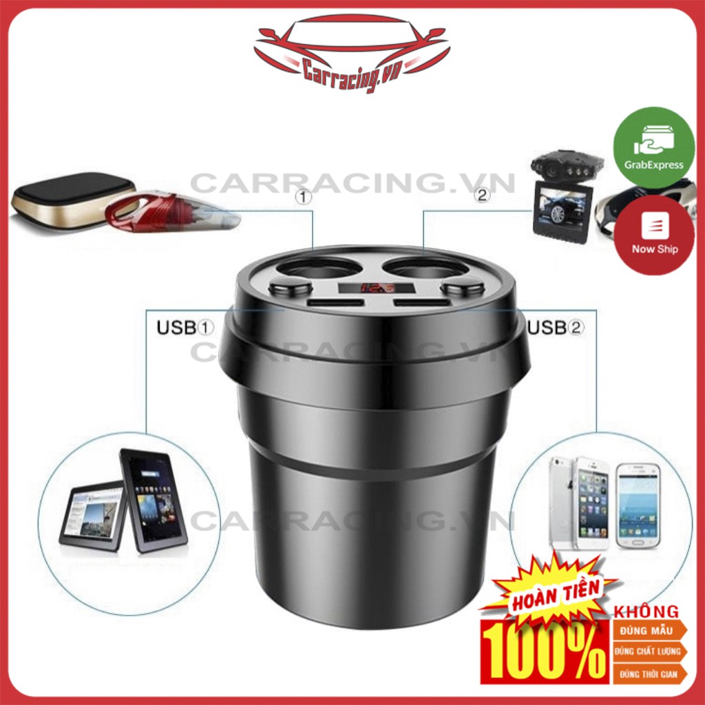 Tẩu Sạc Ô TÔ CARRACING Cốc chia sạc TRÒN nhanh chất lượng cao (2 tẩu tròn 2 USB) bảo hành 6 tháng - Đèn Led báo Vol