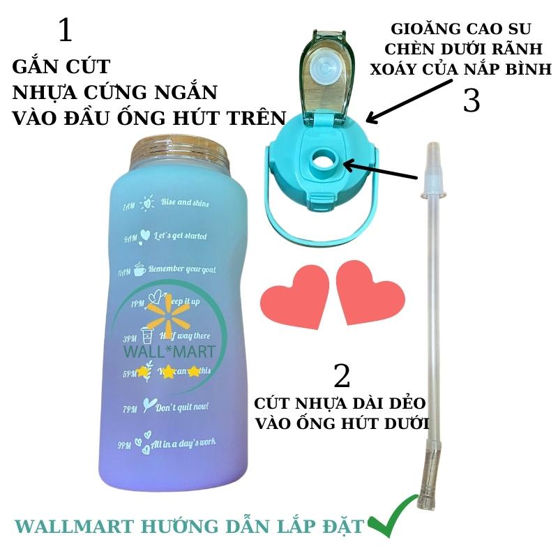 BÌNH ĐỰNG NƯỚC 2 LÍT TẶNG KÈM STICKER GIỮ NHIỆT NHỰA NHẮC UỐNG NƯỚC CÓ ỐNG HÚT CHIA VẠCH BÁO GIỜ CUTE WALLMART WM132