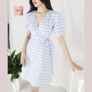 Đầm váy caro cổ chữ V thắt dây eo đơn giản RD056