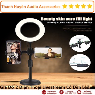 Giá Đỡ 2 Điện Thoại Livestream Có Đèn Led, Kẹp Điện Thoại Để Bàn Quay Video Tiktok Có Đèn Led 3 Màu - Có Video, Ảnh Thật