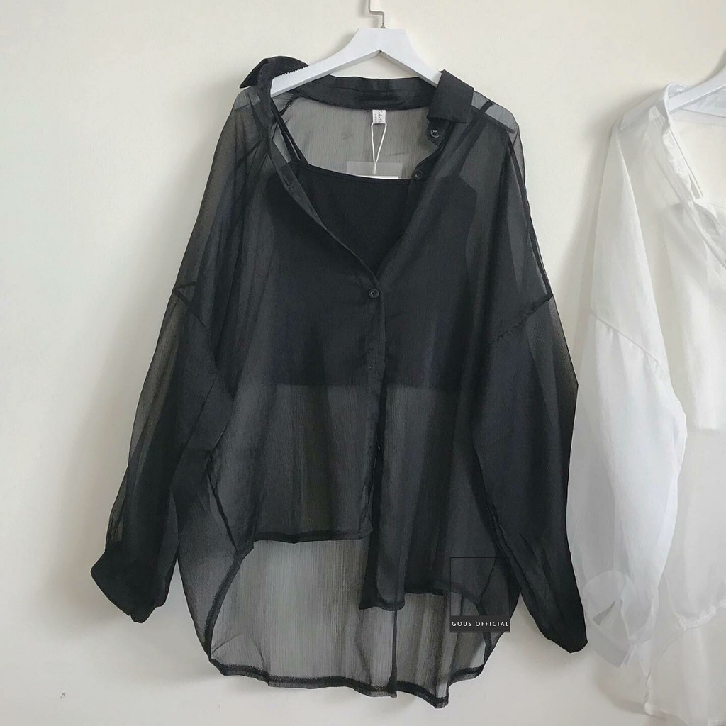 Áo Sơ Mi Nữ Form Rộng Sơ Mi Lưới Tay Dài Trơn Basic Khoác Ngoài Cá Tính Ulzzang DING Màu Đen Màu Trắng 1251