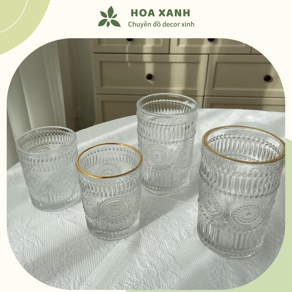 Ly thủy tinh họa tiết vintage sang chảnh Hoa Xanh Decor