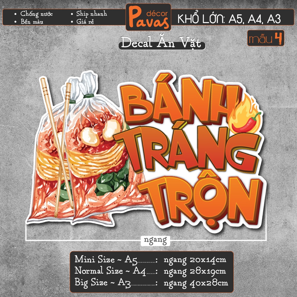 Decal Bánh Tráng Trộn, Bánh Tráng Nướng, Hột Vịt Lộn chống nước trang trí dán quán trà sữa, cà phê, quán ăn. TTQ07