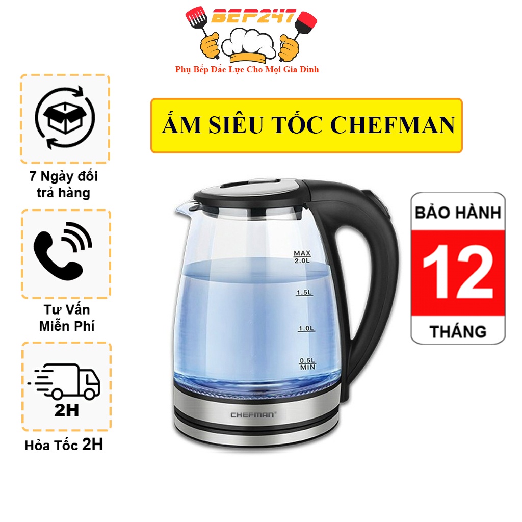 Ấm Siêu Tốc Chefman - CM736T , Bảo Hành 12 Tháng , Dung Tích 2L , Chất Liệu Thủy Tinh - Nhựa - Inox 304 , Chính Hãng