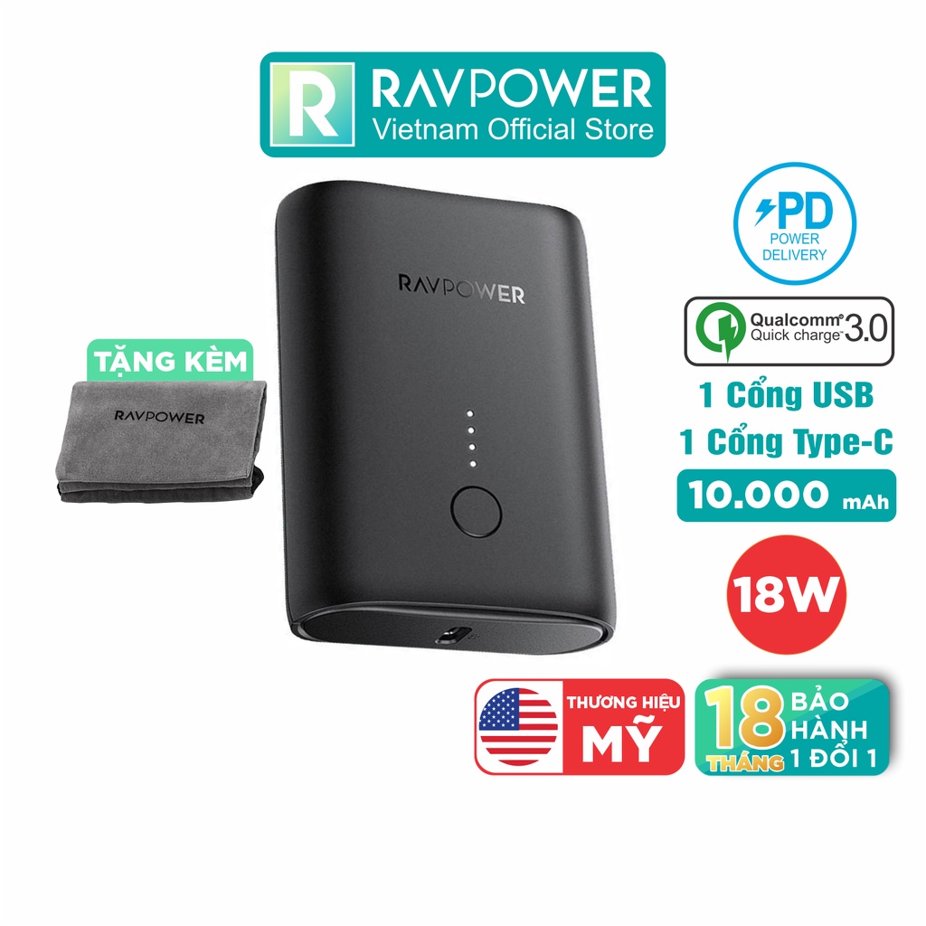 Pin Sạc Dự Phòng Siêu Nhỏ RAVPower RP-PB194 10000mAh + PD 18W + QC3.0 Kèm Túi Đựng - Hàng Chính Hãng