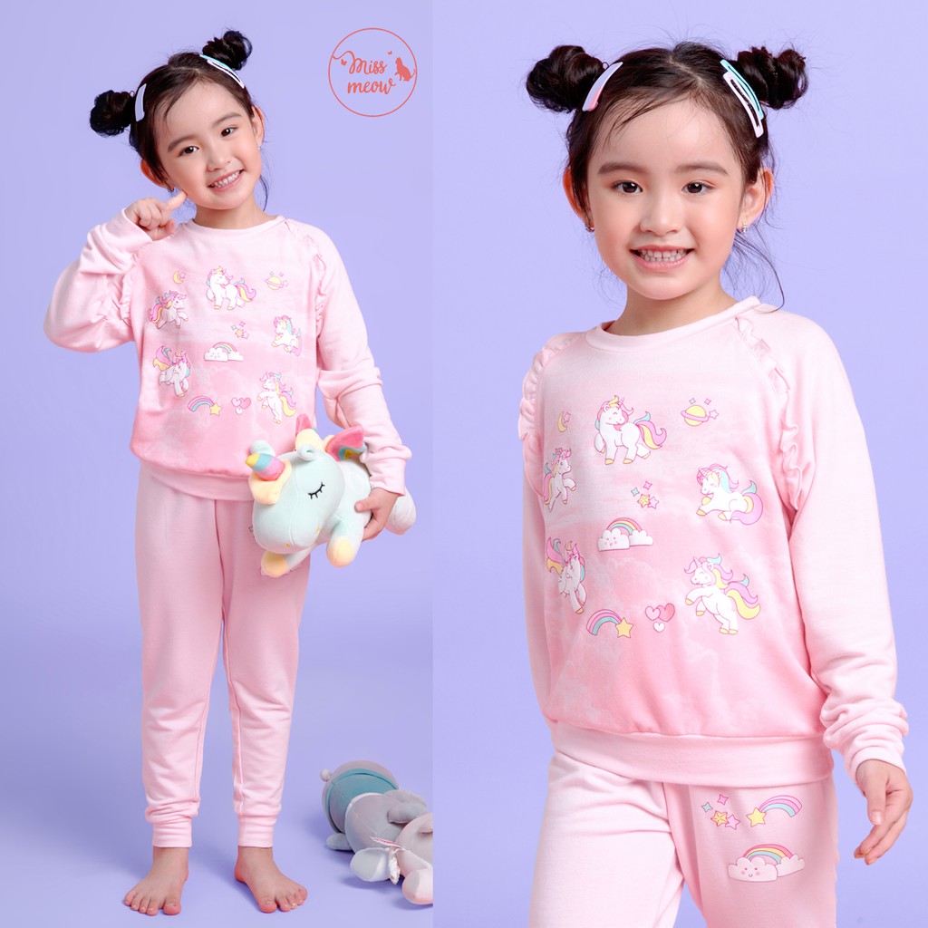 [SUPER SALE - FREE SHIP] Đồ Bộ Bé Gái Miss Meow Tới Size Đại, Set Bộ Quần Áo Dài Tay Cho Bé Hình Ngựa Unicorn Hồng