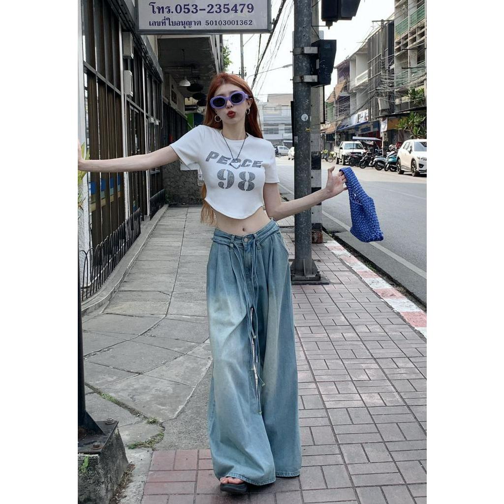 62667 Quần Denim Ống Rộng Dây Rút Màu Sắc Tươi Sáng Mùa Hè Miễn Phí 2 Dây