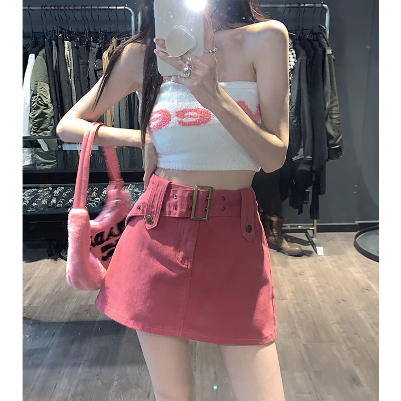 Chân Váy Denim Lưng Cao Có Thắt Lưng