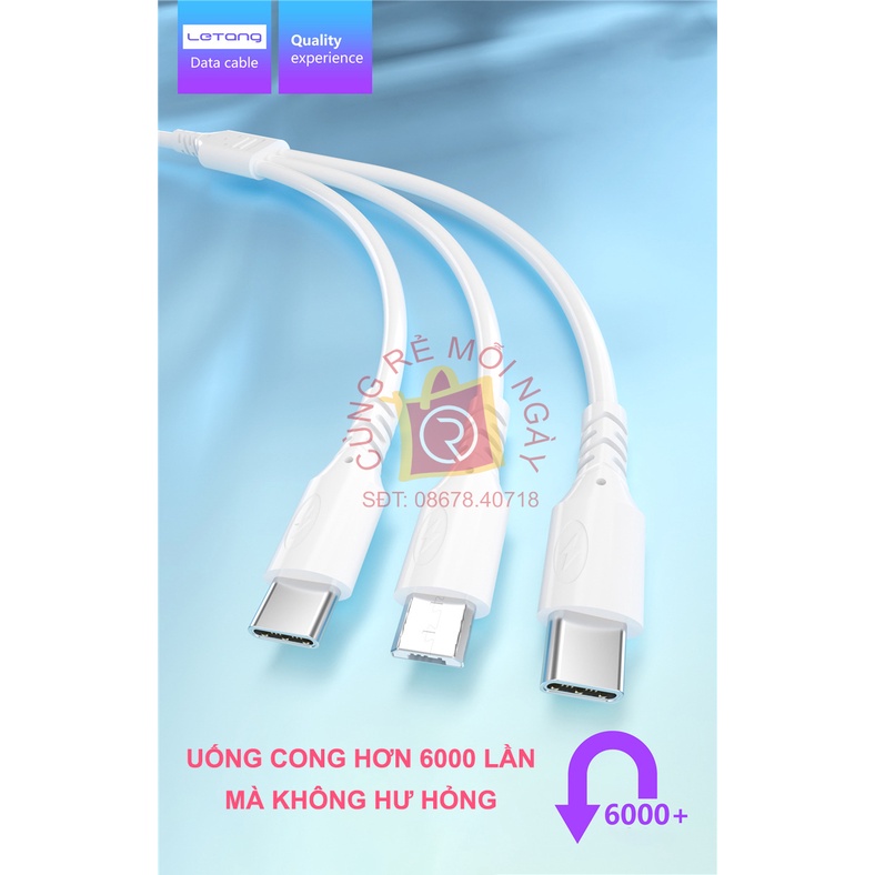 Cáp dữ liệu 3 đầu sạc nhanh 6A , 3 trong 1 cho iPhone, Android, Type-C dài 1,2 mét