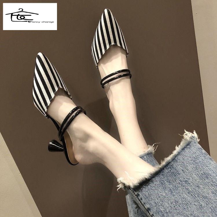 Giày Cao Gót Mũi Nhọn Họa Tiết Kẻ Sọc Thời Trang Mùa Xuân Cho Nữ