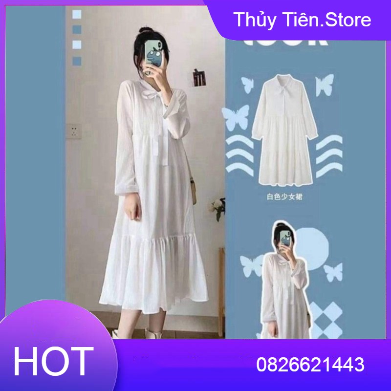 (new) VÁY BABYDOLL Nữ Dài Tay Buộc Nơ dáng suông - YUMI Dress - Đầm Maxi Tay Chun Bèo Tầng 💎 👗💝