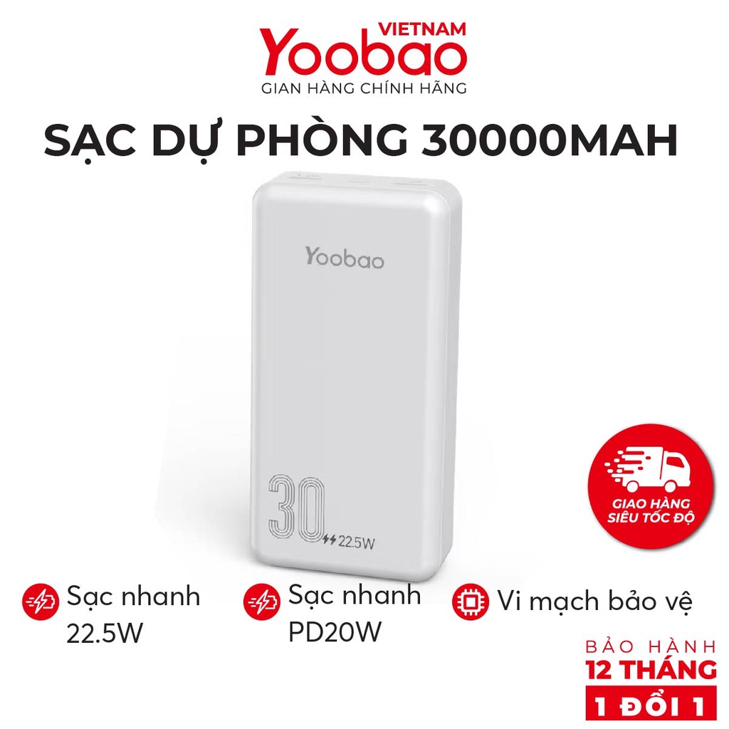 Pin Sạc Dự Phòng Yoobao D30Q Dung Lượng khủng 30000mAh, Sạc Nhanh 22.5W Phù Hợp Với Máy Tính Bảng, Điện Thoại