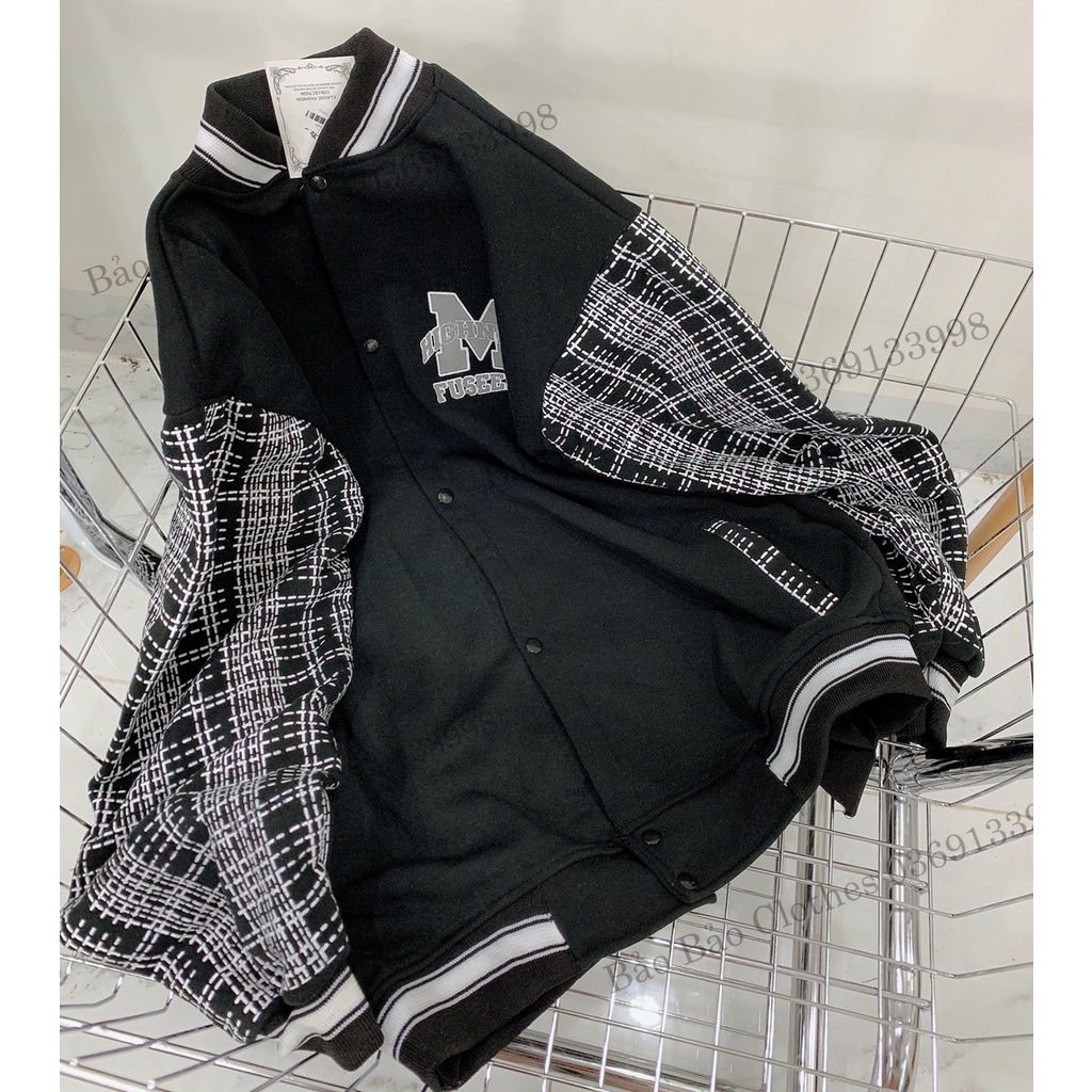 Khoác Bomber Nỉ Nam  Nữ Chữ M Tay Kẻ Bồng Bo Tay Dáng Rộng Unisex Uzzlang Thêu Phối Tay