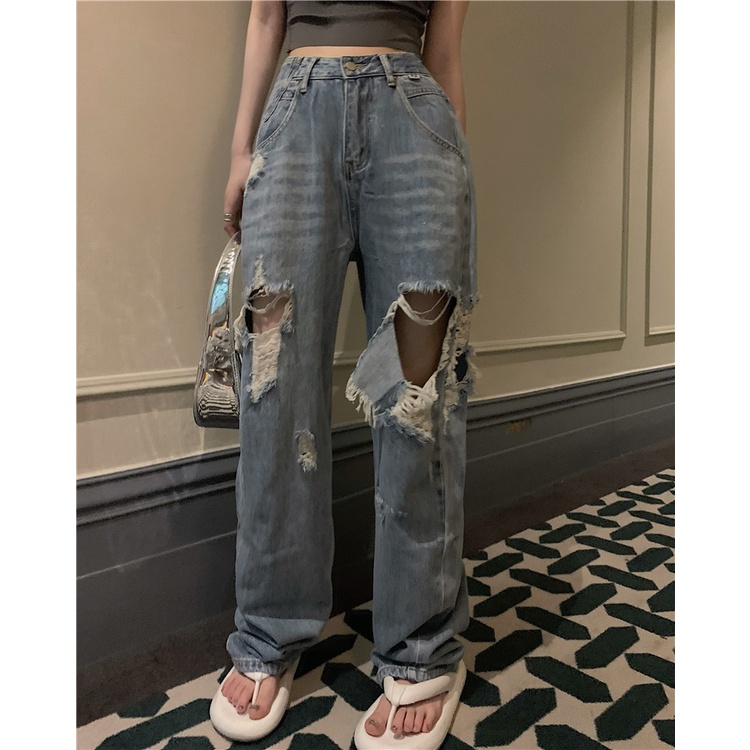 Quần Jeans Dài Rách Gối Thời Trang Dành Cho Nữ