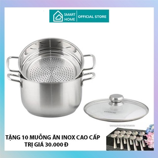 [HÀNG CHÍNH HÃNG]Bộ xửng hấp 3 đáy inox 430 FiveStar Standard bếp từ nắp kính tặng 10 muỗng ăn ( 24cm )