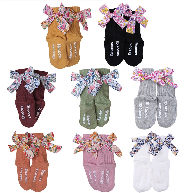 Tất Cotton Chống Trượt Đính Nơ Họa Tiết Hoa Xinh Xắn Cho Bé Gái