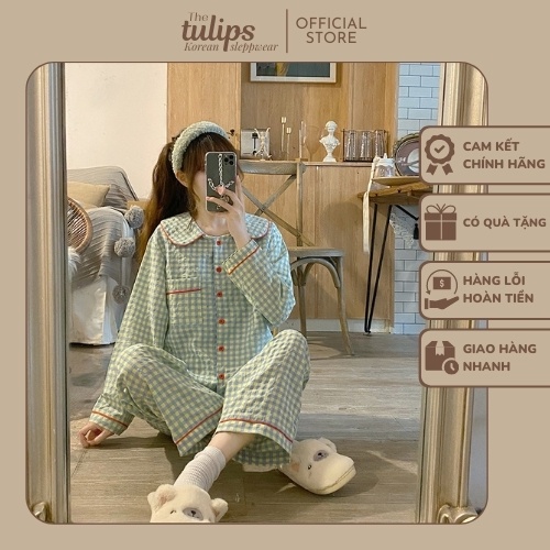 Đồ bộ mặc nhà nữ thu đông dài tay chât liệu cotton kẻ sọc The Tulips