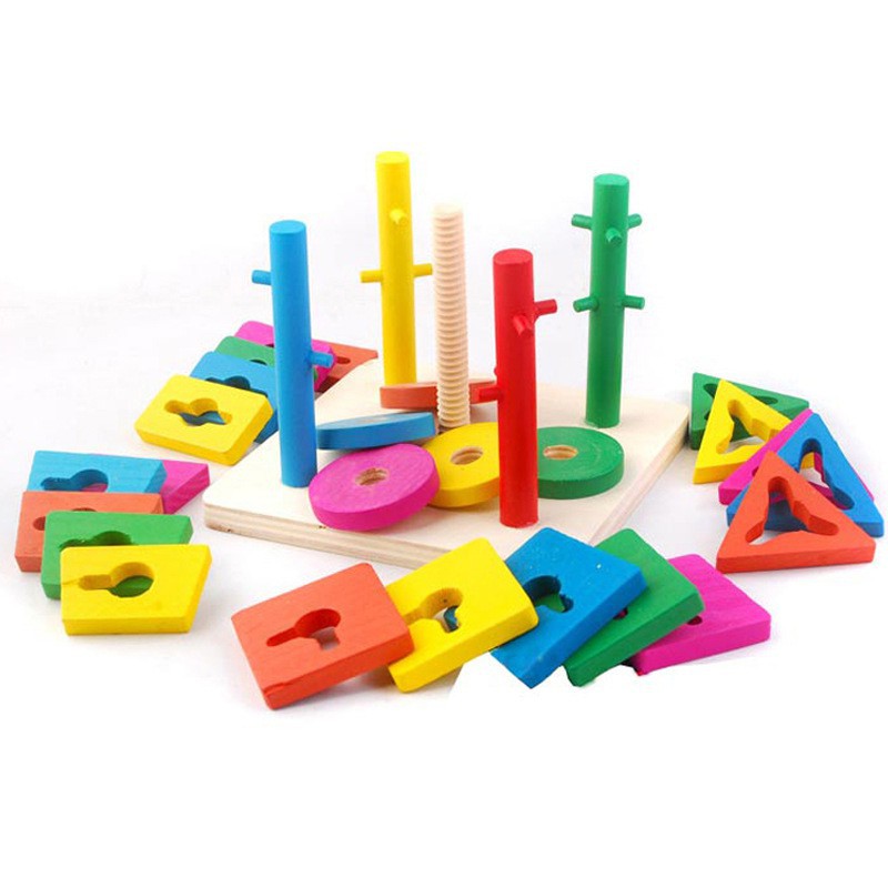 Đồ chơi giáo dục Montessori Tháp thả hình khối gỗ 5 cột thông minh cho bé tư duy, phát triển trí tuệ
