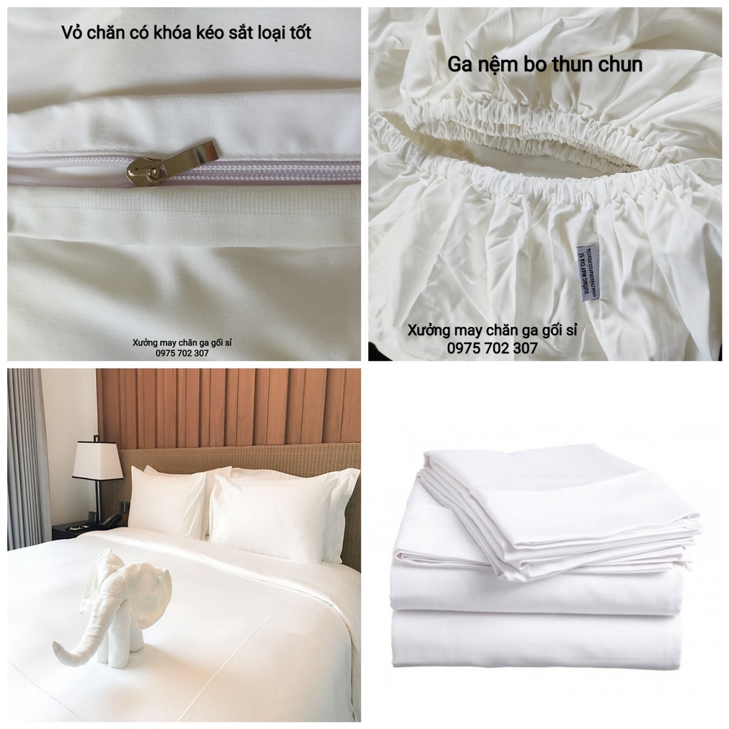 Bộ chăn ga gối đệm, drap giường màu trắng khách sạn vải cotton 100% cao cấp, nằm cực mát không xù lông